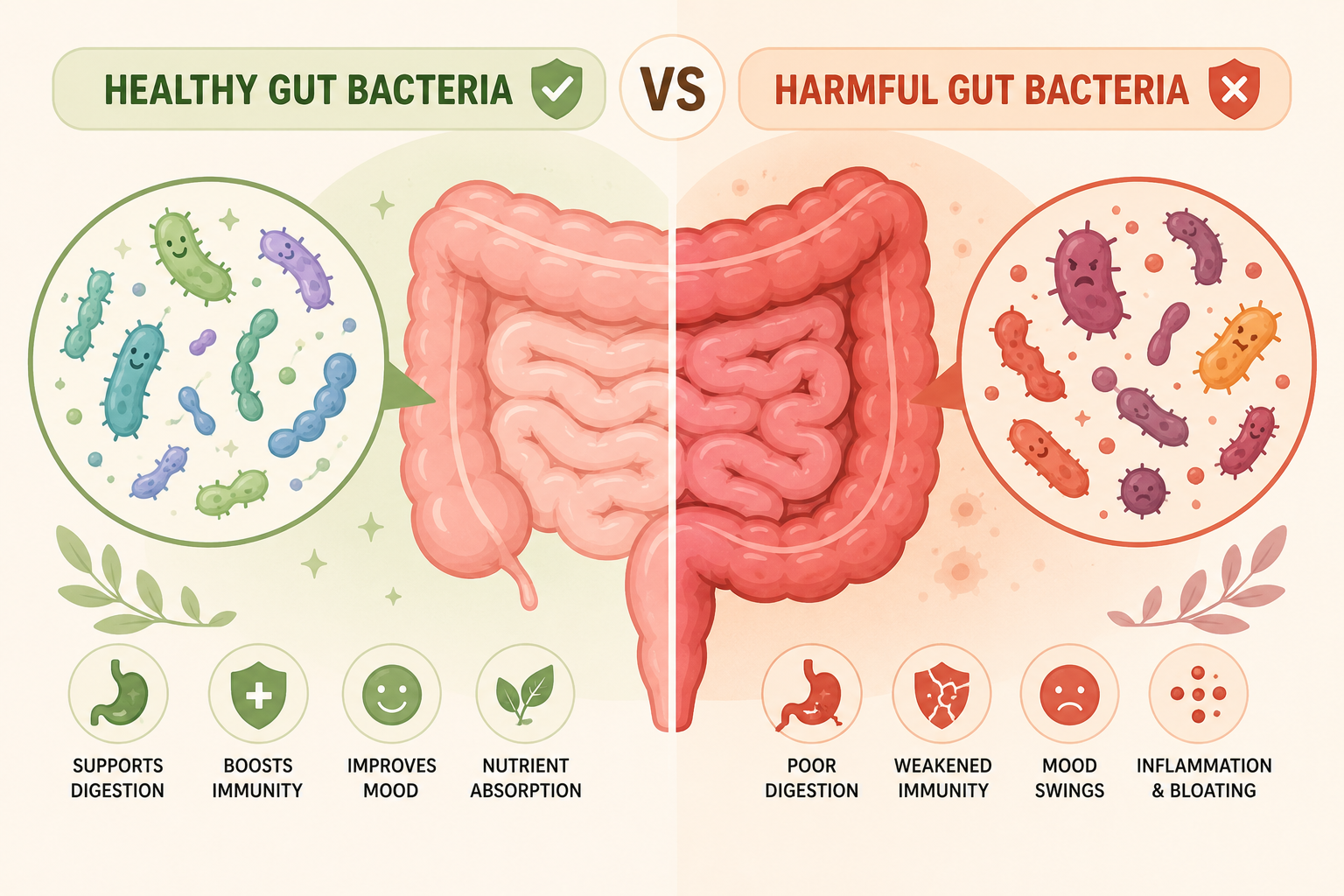 Healthy vs harmful gut bacteria illustration
